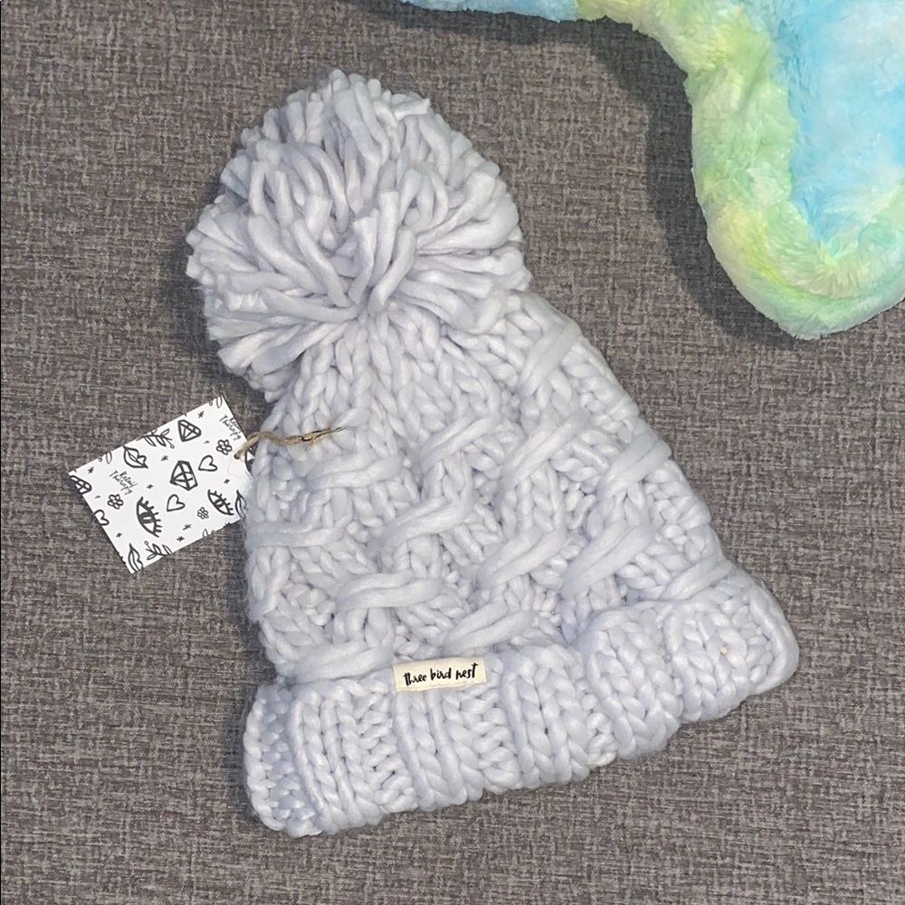 Three Bird Nest Chunky Knit Pom-Pom Beanie - Soft Gray - Picture 2 of 6